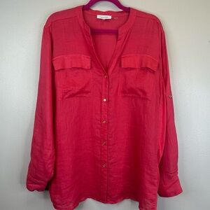 Calvin Klein XL/0X Women's Linen Vibrant Pink Coral Blouse Spring summer casual